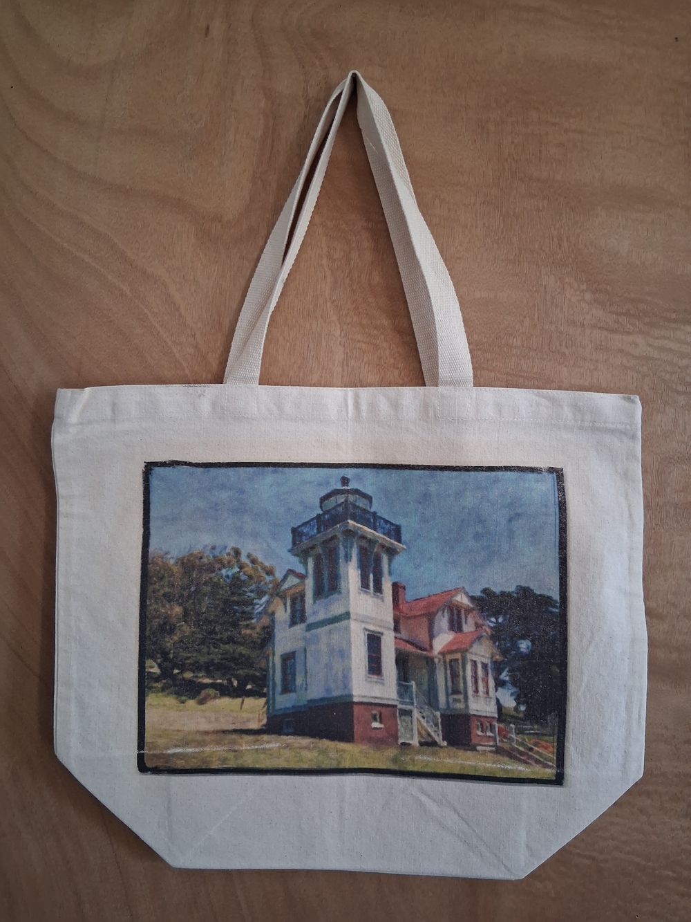 Canvas Tote Bag with Lighthouse Print - Cream